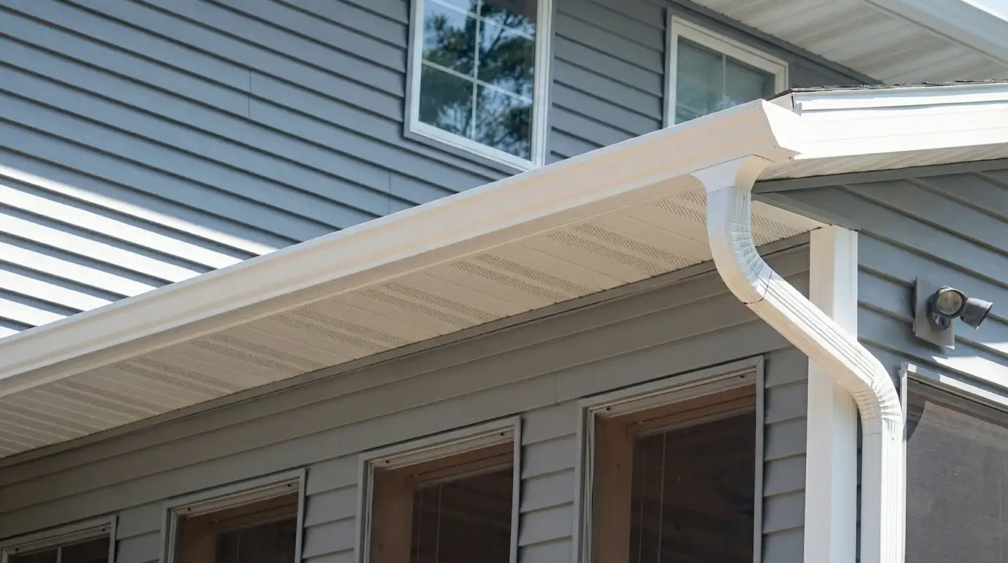 Professional home remodeling project showing newly installed white seamless gutters and downspouts on a house with gray siding in Jersey City, NJ