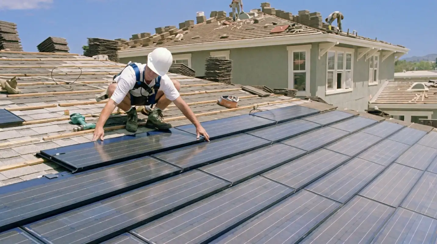 Roof replacement expert installing modern solar shingles on a residential home in Jersey City, NJ