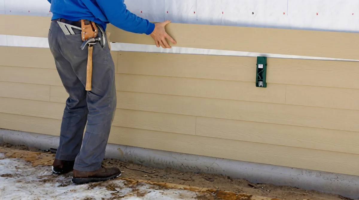 Siding replacement expert carefully aligning a new tan siding panel onto a residential exterior wall in Jersey City, NJ