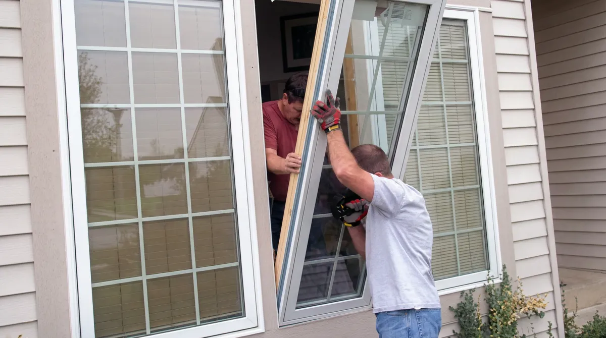 Professional home remodeling team installing a large replacement window on a house with tan siding in Jersey City, NJ
