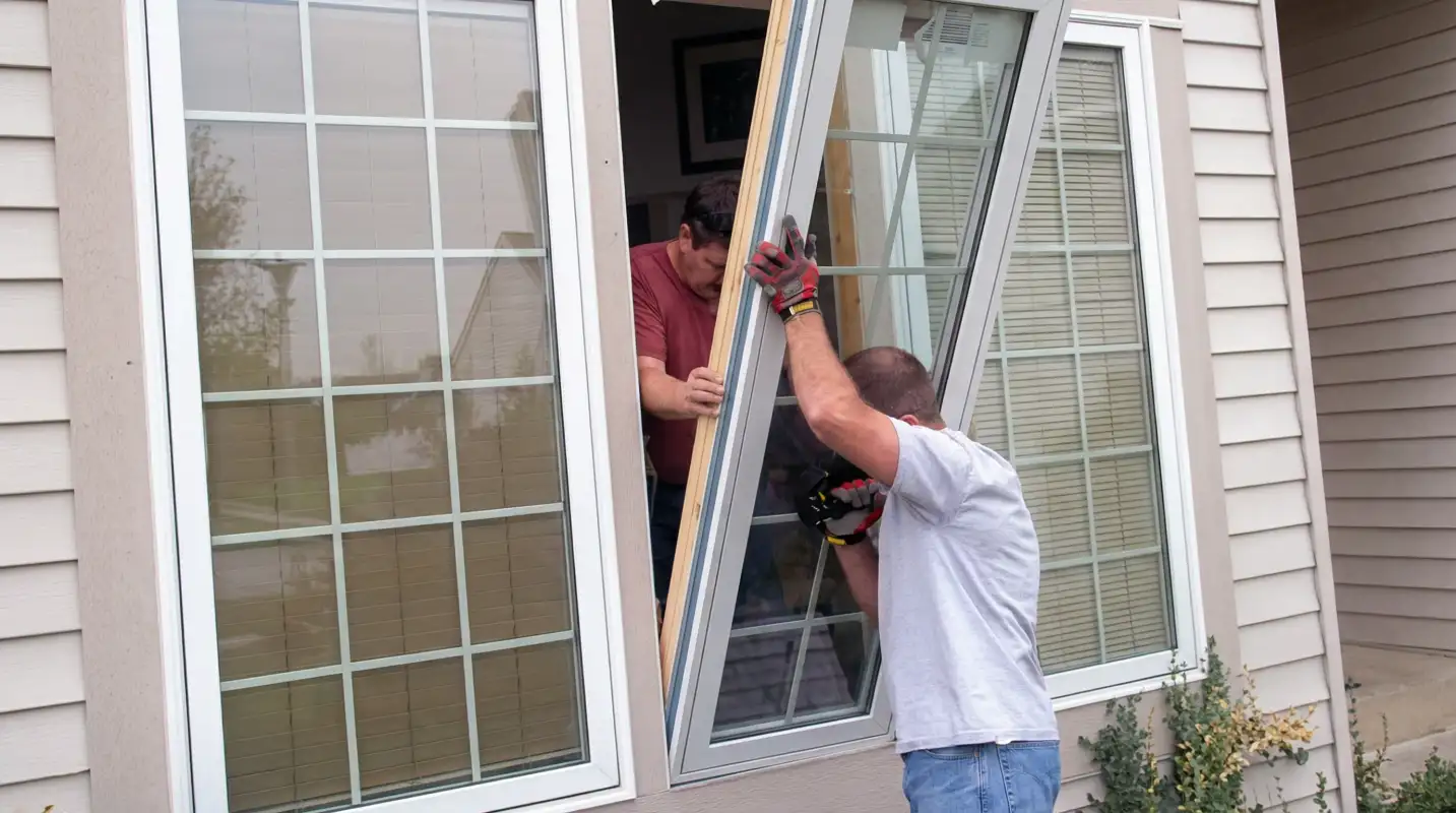 Professional home remodeling team installing a large replacement window on a house with tan siding in Jersey City, NJ